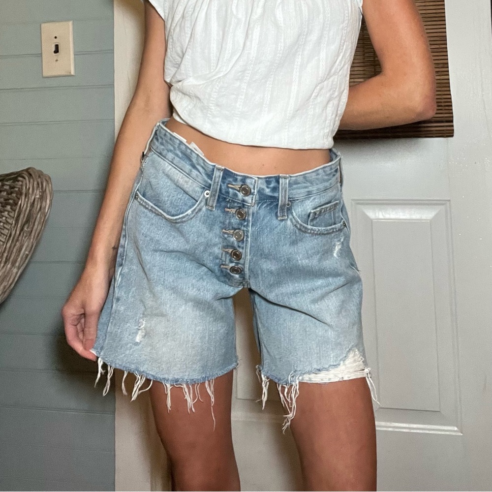 Low rise mid length jean shorts